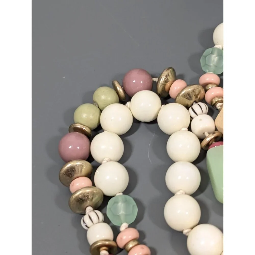 Plunder Boho Beaded Tassel‎ ID Badge Holder Cream Green Long Necklace 38 in